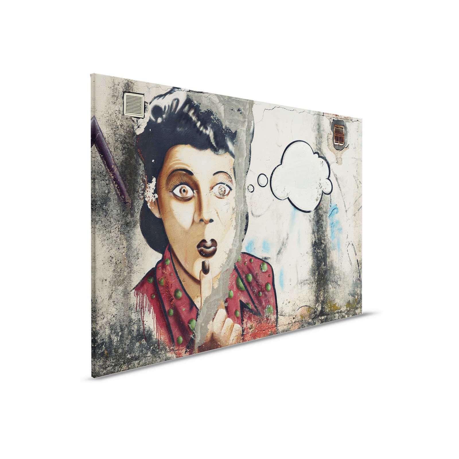         Canvas schilderij Vrouw met gedachtebubbel als graffiti op stenen muur - 0,90 m x 0,60 m
    