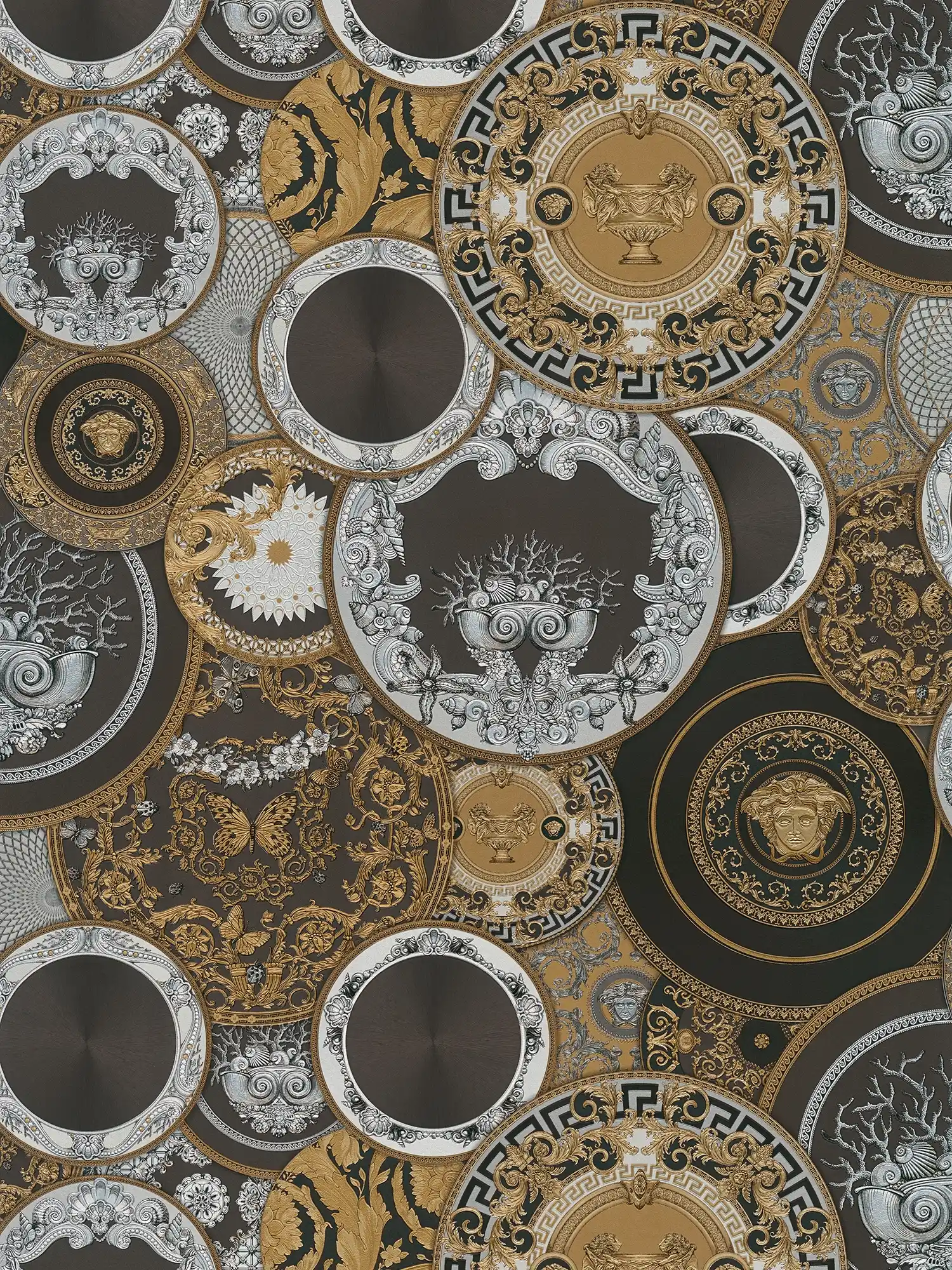         VERSACE Baroque non-woven wallpaper with artistic round ornaments, shiny, lightly textured - black, gold, silver
    