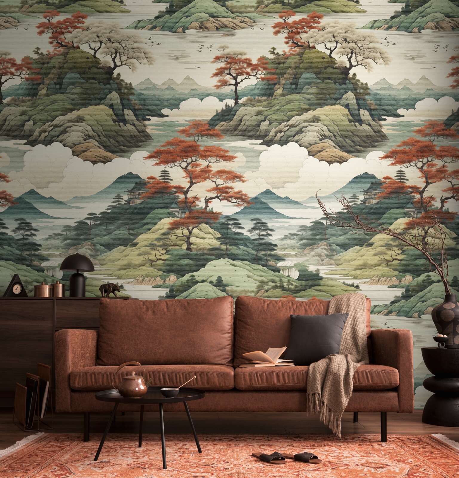 wandtapete, landscape-motiv, roter-sofa, wohnzimmer-deko, muster-wand