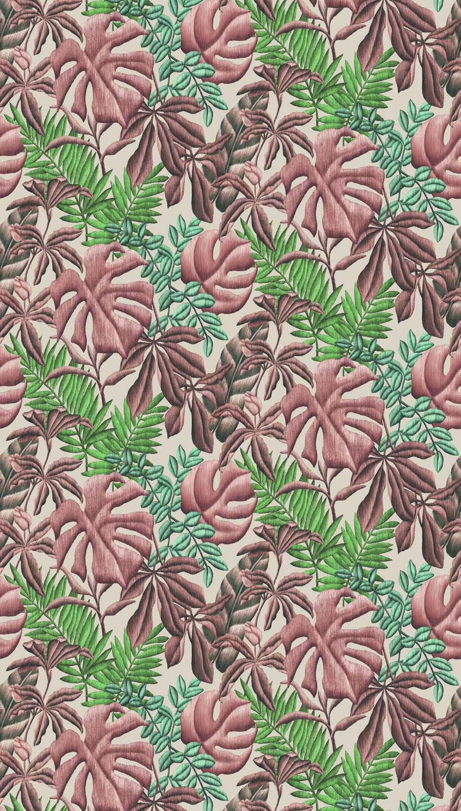             Bladpatroon vliesbehang met bananenbladeren & varen - roze, groen, crème
        