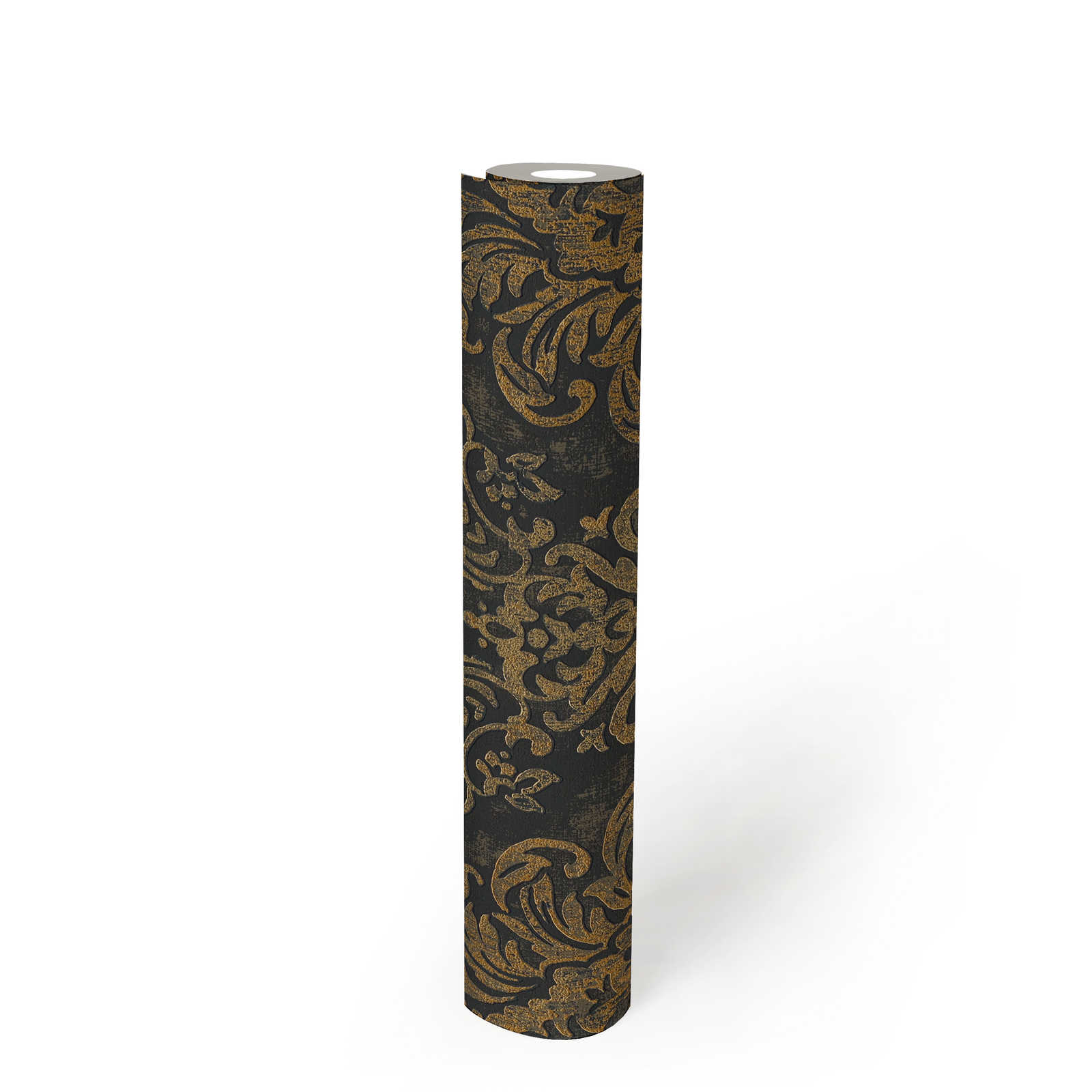             Vliestapete mit Barock-Ornamenten & metallic Used-Look – Schwarz, Gold
        