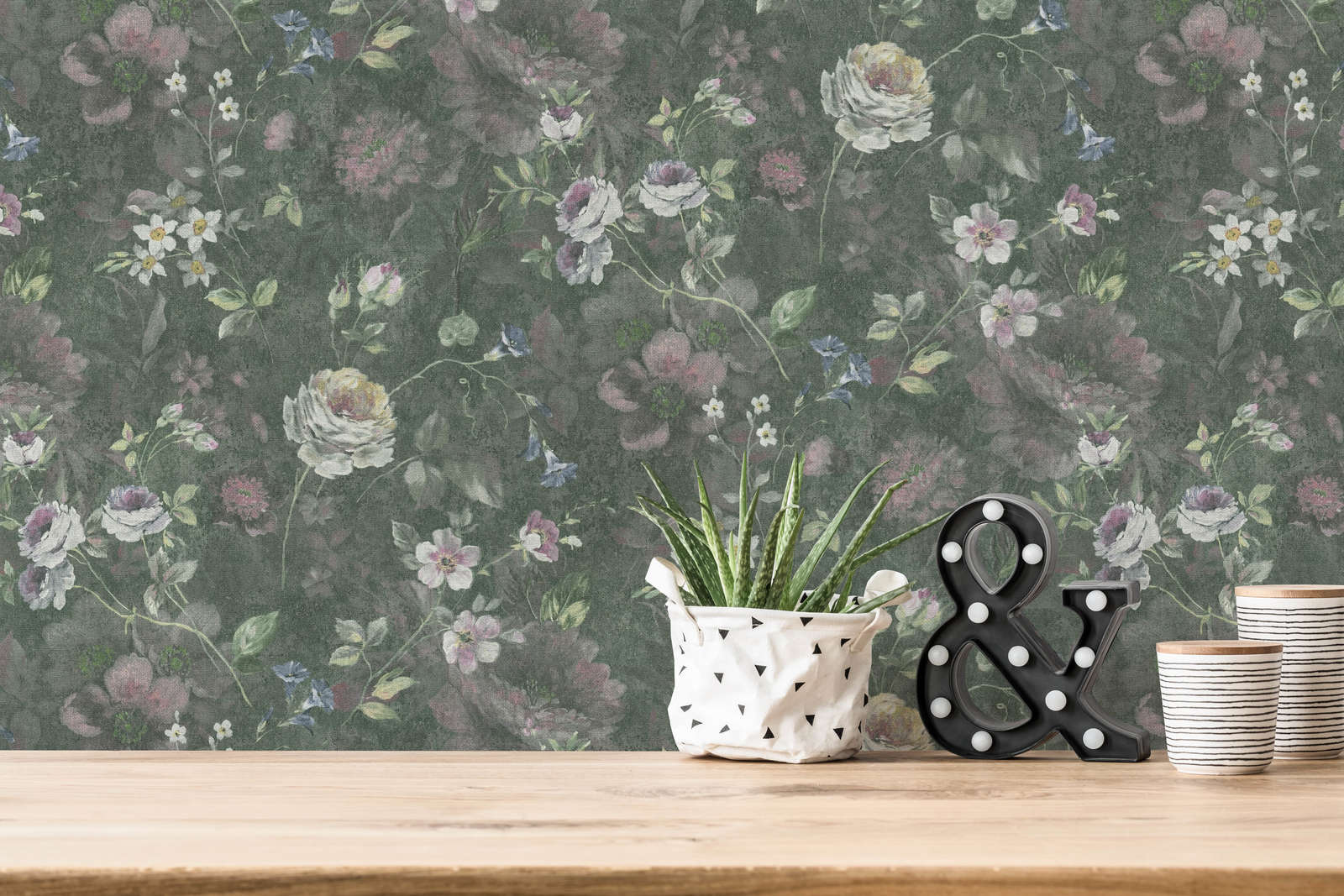             Vliesbehang met geschilderd bloemenpatroon PVC-vrij - groen, wit, roze
        