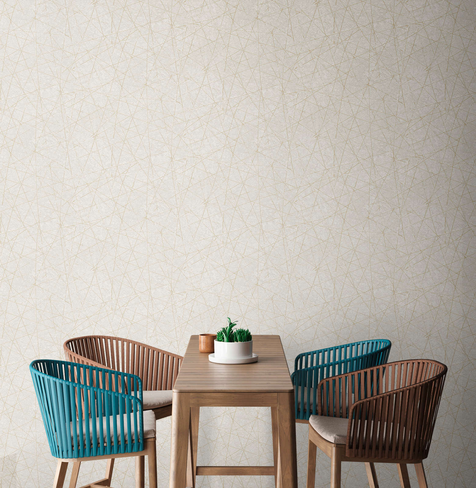             Vliestapete mit grafischen Linien & Metalliceffekt – Creme, Grau, Gold
        