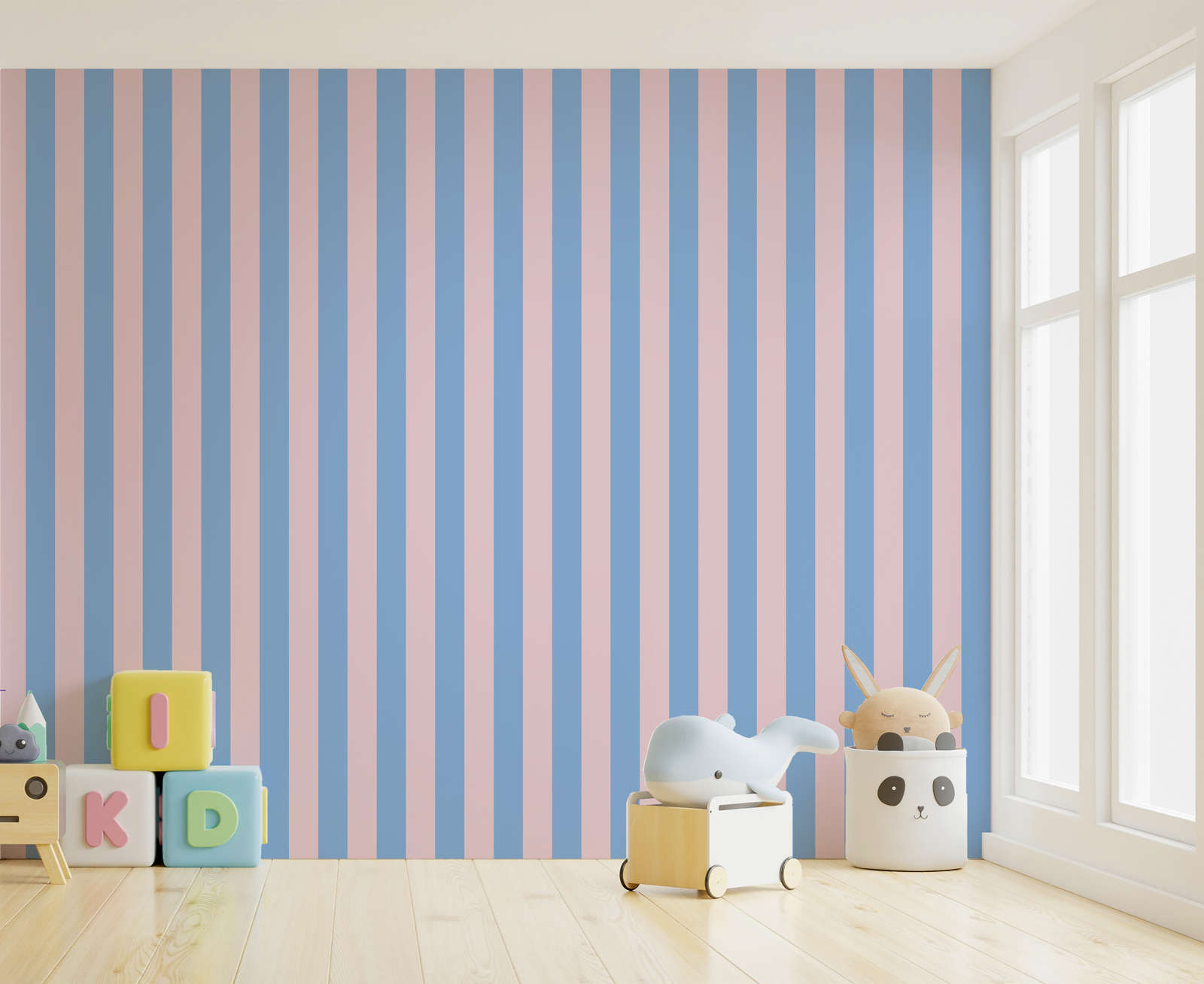 Kinderzimmer, Wandstreifen, Blau-Rosa, Holzboden, Spielzeug