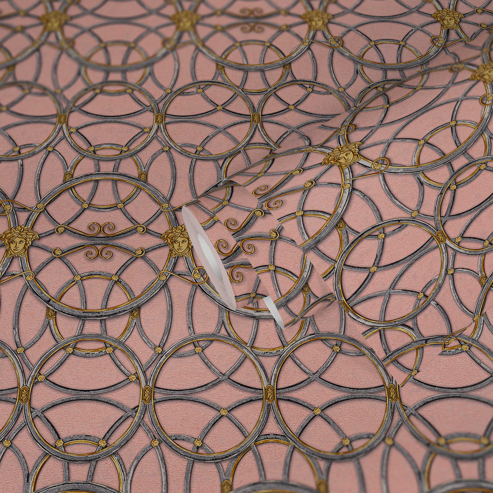             VERSACE Home Tapete Kreismuster und Medusa – Silber, Gold, Rosa
        