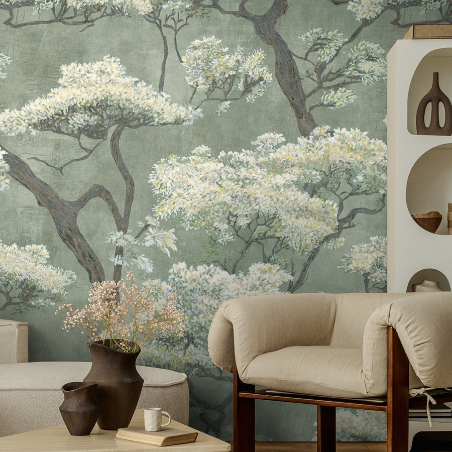 Elegant non-woven wallpaper with blossoming ornamental trees in Asian garden style matt & smooth - green