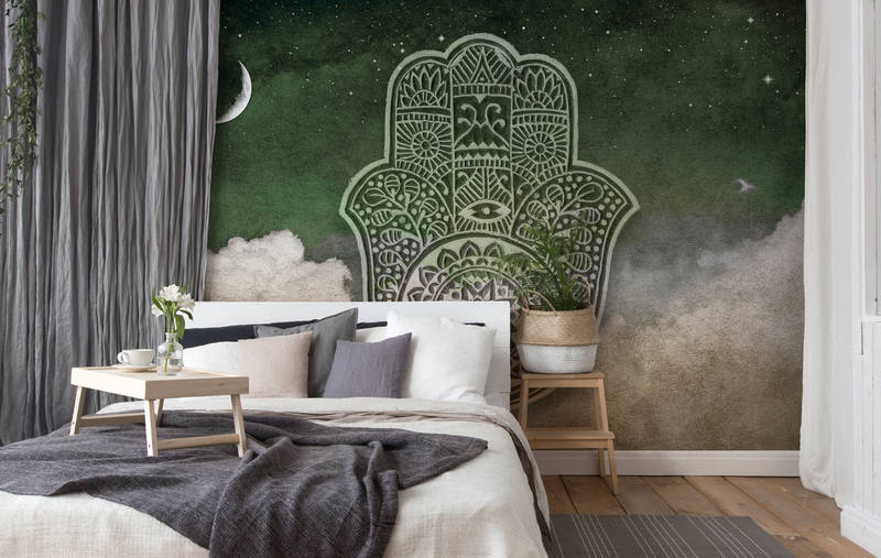             Boho mural Hamsa Hand, Clouds & Moon - Green, Beige, Brown
        