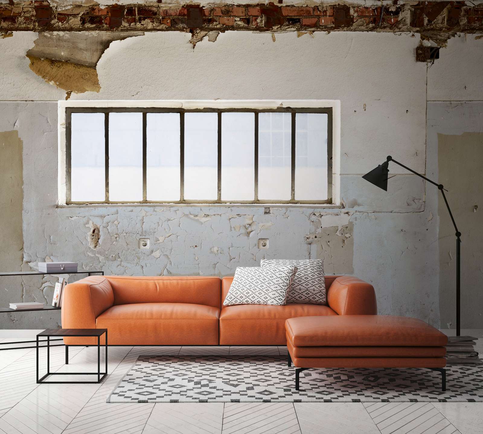             Vliestapete kaputte Zimmerwand mit Fenster – Beige, Grau, Weiß
        