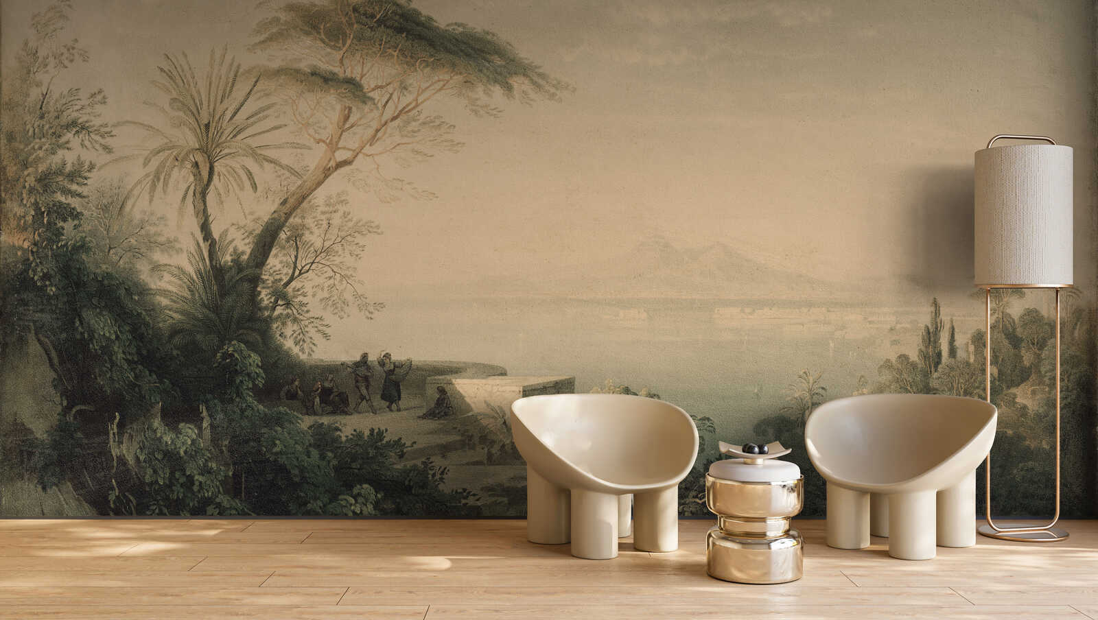 Sofa-Stuhl, modernerLounge, Lampe, Wandtapete, Holzboden