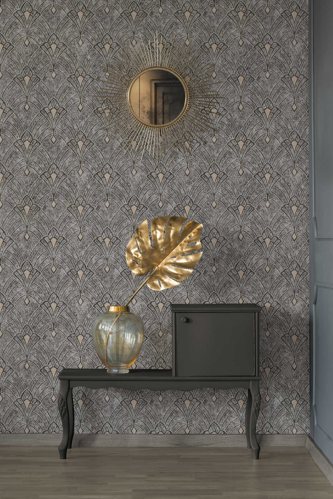             Metallic Tapete Schwarz mit Glanzeffekt & Farbstruktur
        
