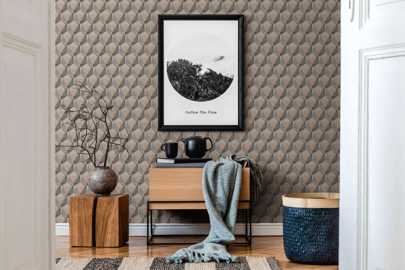             3D Tapete mit Grafik-Muster im Retro Look – Beige, Creme, Grau
        