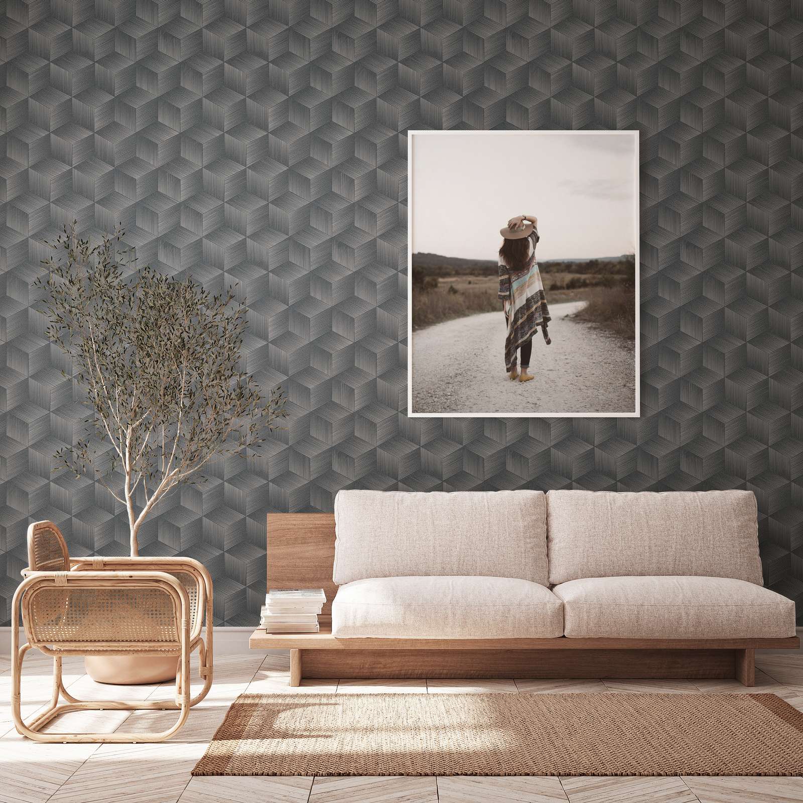 Wohnzimmer, Sofa, Wandtattoo, Teppich, Pflanze