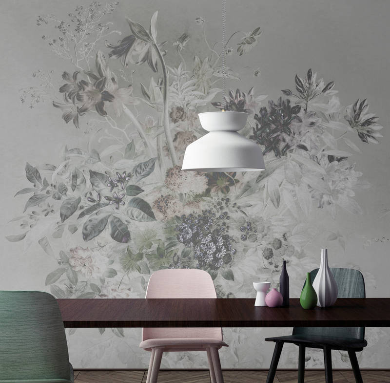             Fototapete romantisches Blumen Design – Grau, Weiß
        