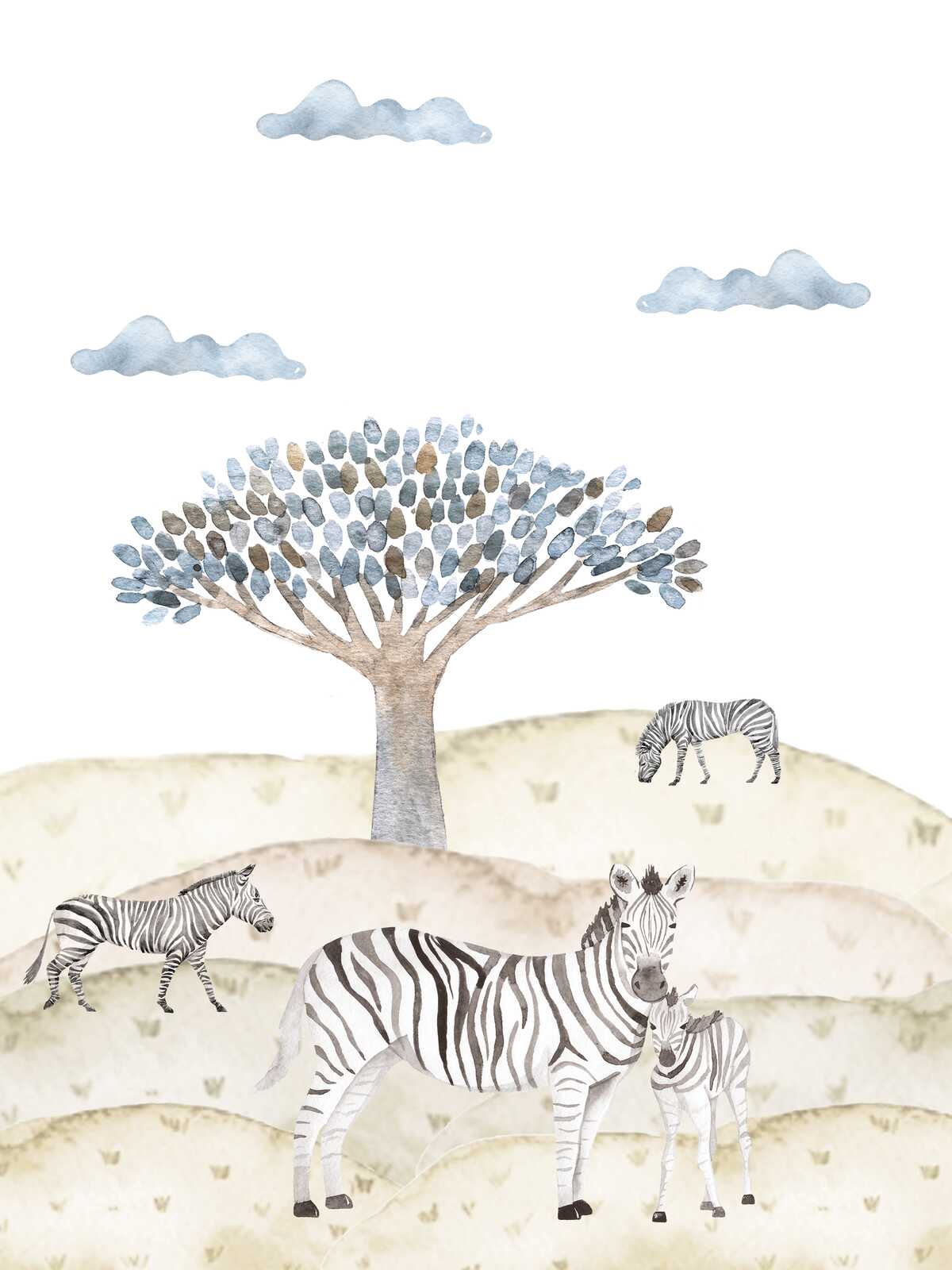 Nursery canvas picture Zebras under the Baobab - Charming Africa motif for stylish walls - 30 x 40 cm - Beige, Blue