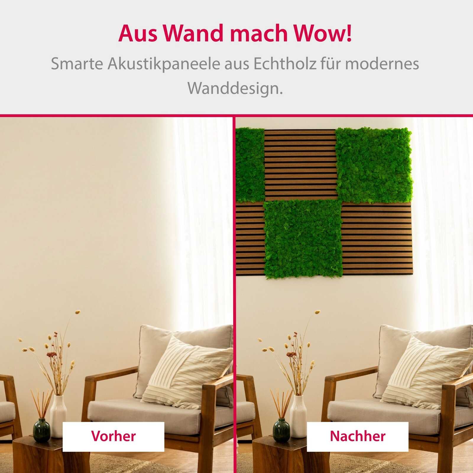 wandverkleidung, grüne moospaneele, holzlatten, wohnzimmerdeko, wandgestaltung