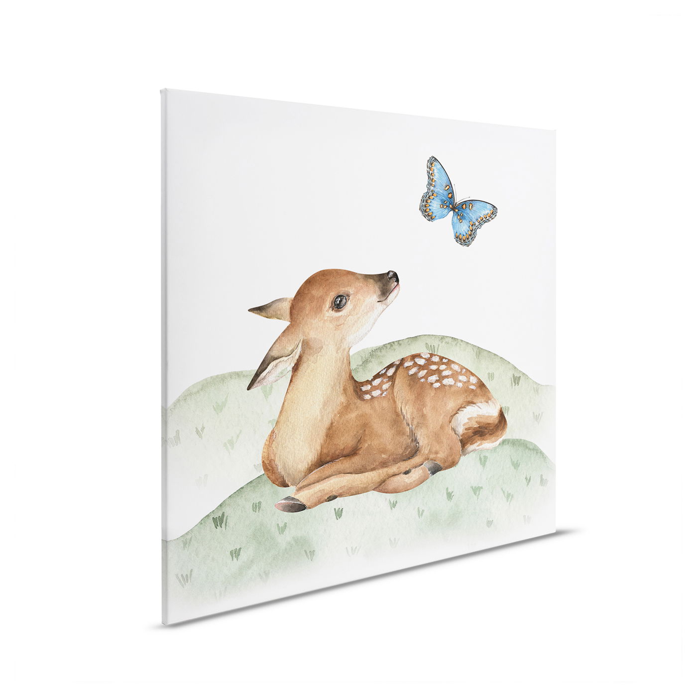         Leinwandbild Rehkitz mit Schmetterling - Zauberhafte Tierbegegnung für Kinderzimmer – 30 x 30 cm - Blau, Grün
    
