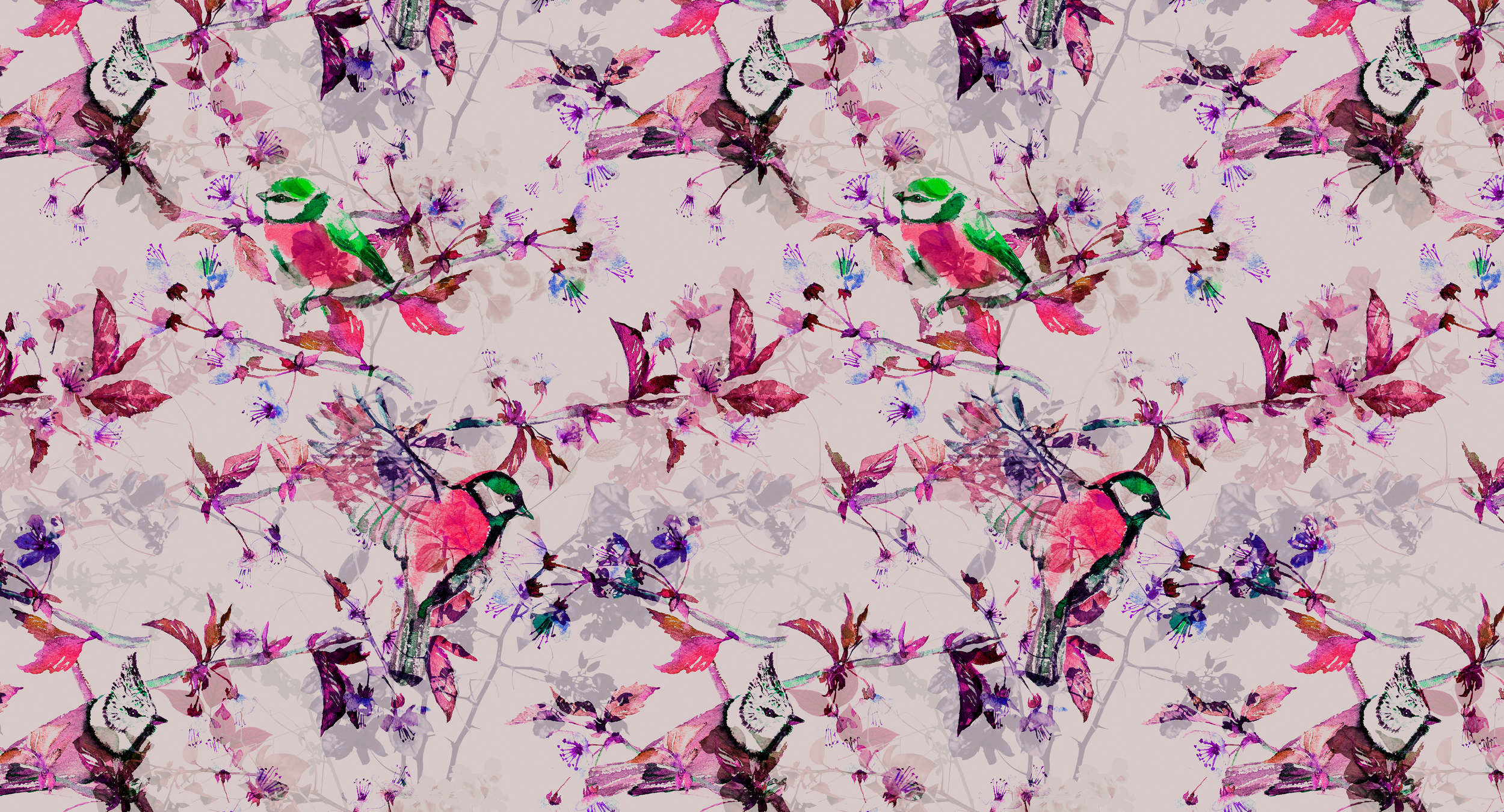             Birds collage style mural - pink, blue
        