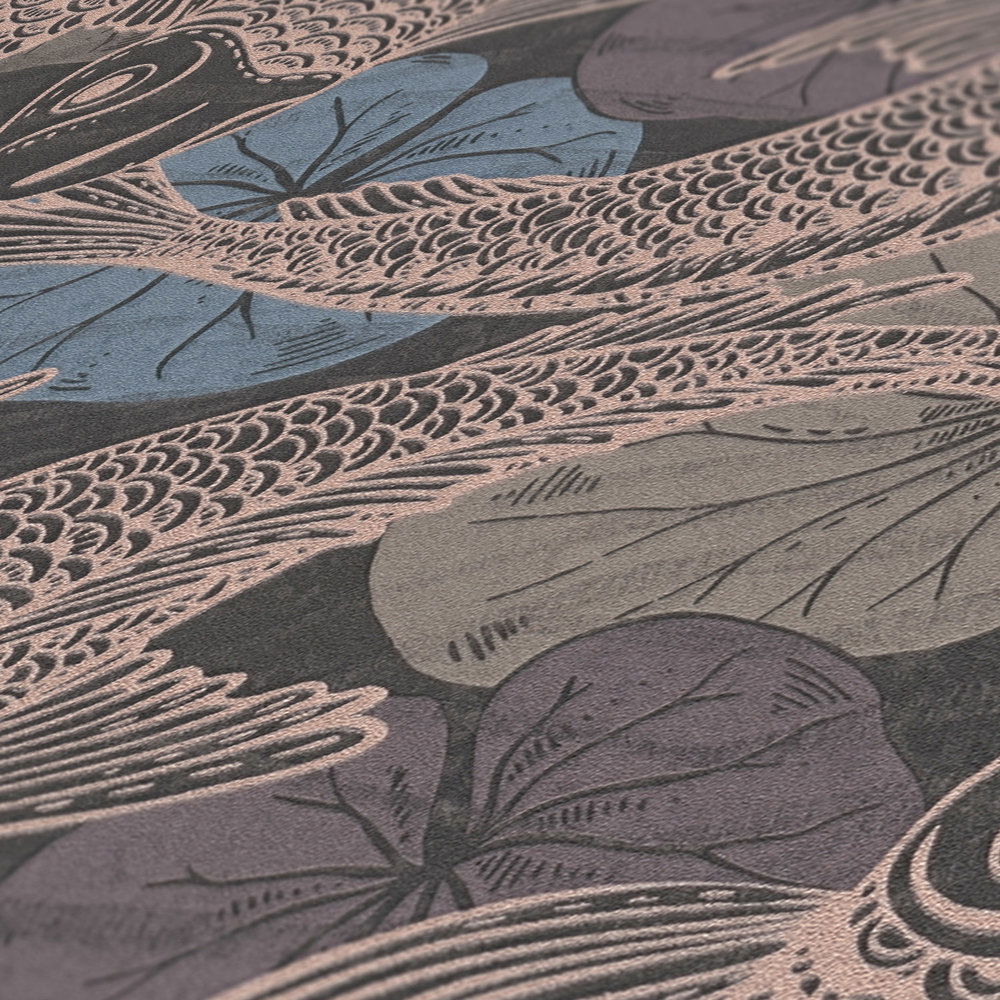             Vliesbehang Aziatisch Koi design met metallic effect - blauw, metallic, zwart
        