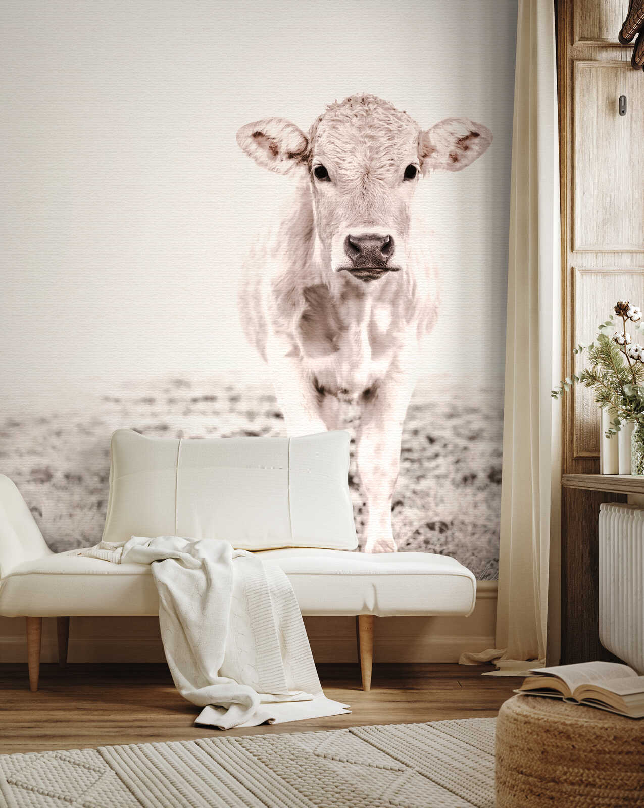 Cow wallpaper, Cow mural, Wohnzimmer Deko, Weißes Sofa, Neutrale Töne