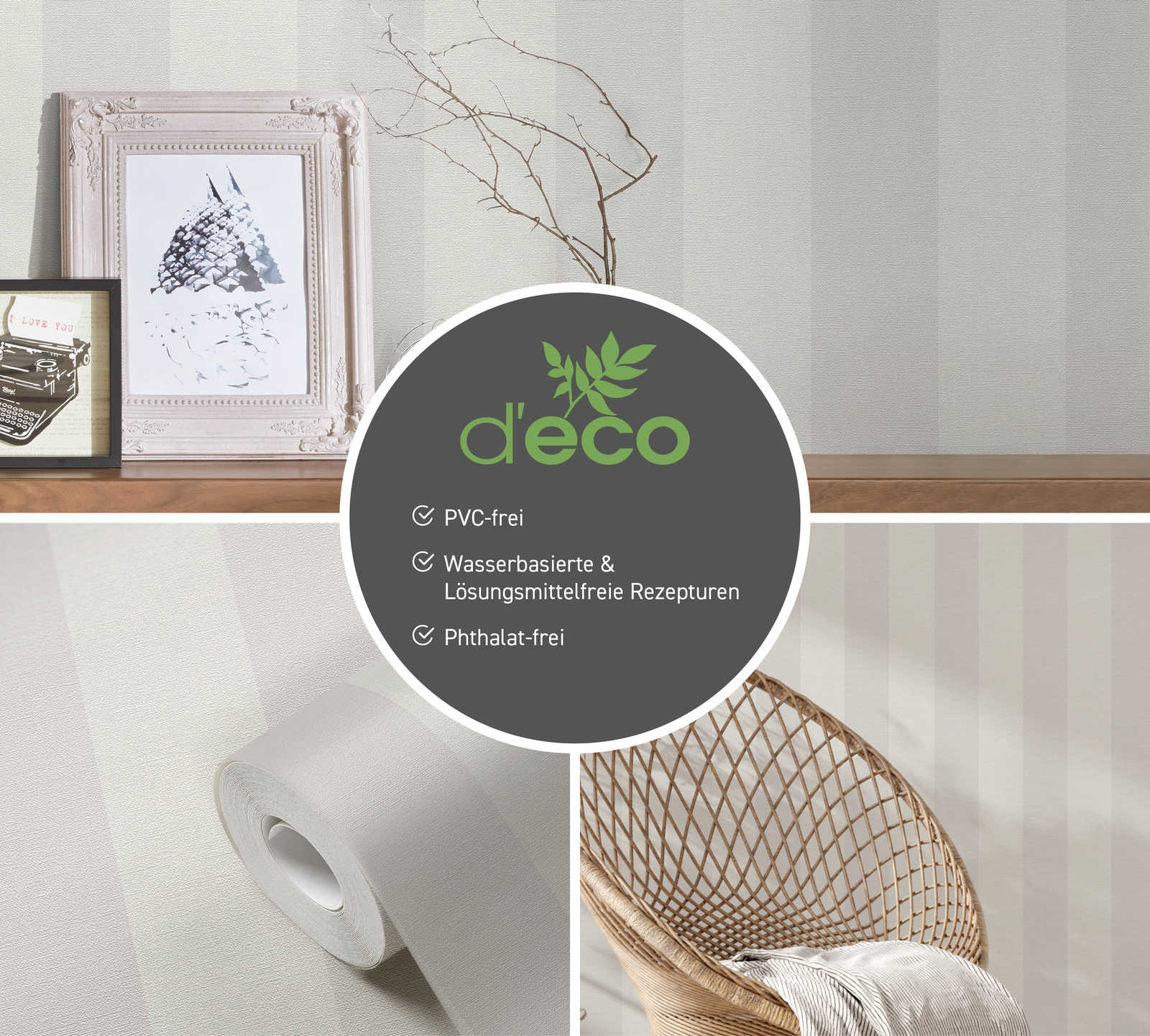             Streifen Vliestapete mit Leinenoptik PVC-frei – Grau, Weiß
        