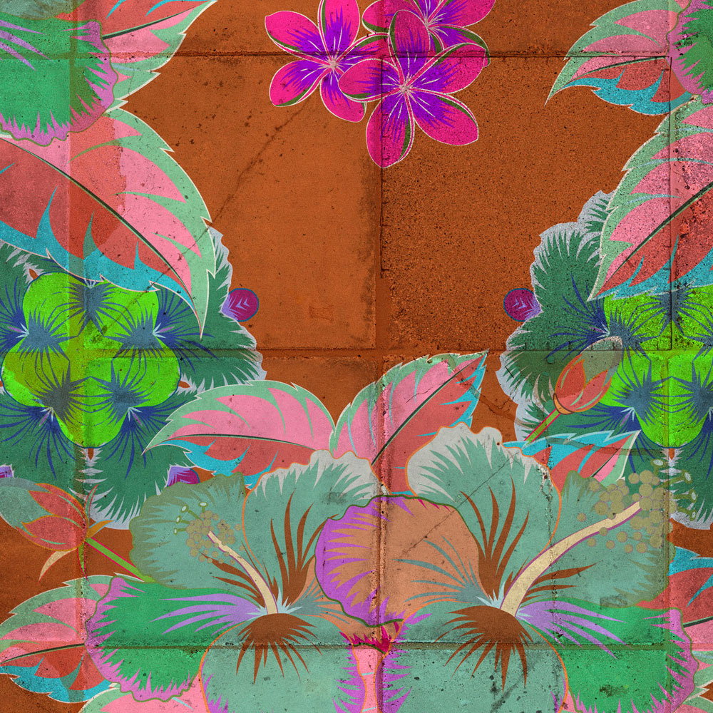 Photo wallpaper »pierre« - Leaf design with kaleidoscope effect on concrete tile structure - Smooth, slightly shiny premium non-woven fabric