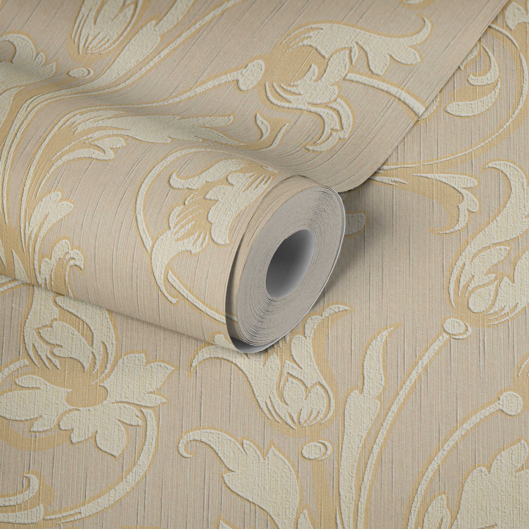 Ornament Tapete mit Seidenoptik – Creme, Gold, Beige