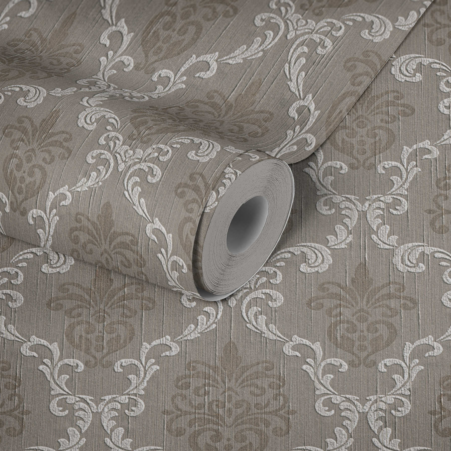             High quality non-woven wallpaper with real textile ornament design in colonial style - beige, grey
        