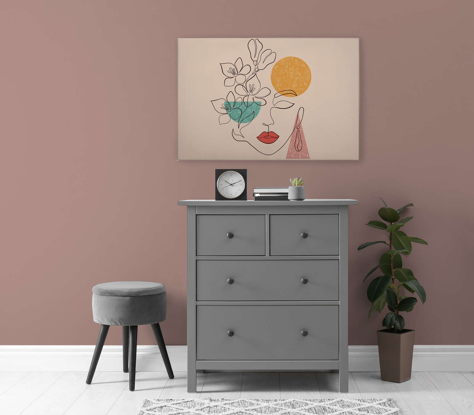             Leinwandbild abstrakte Kunst Dame mit Blumen im Gesicht – 0,90 m x 0,60 m
        