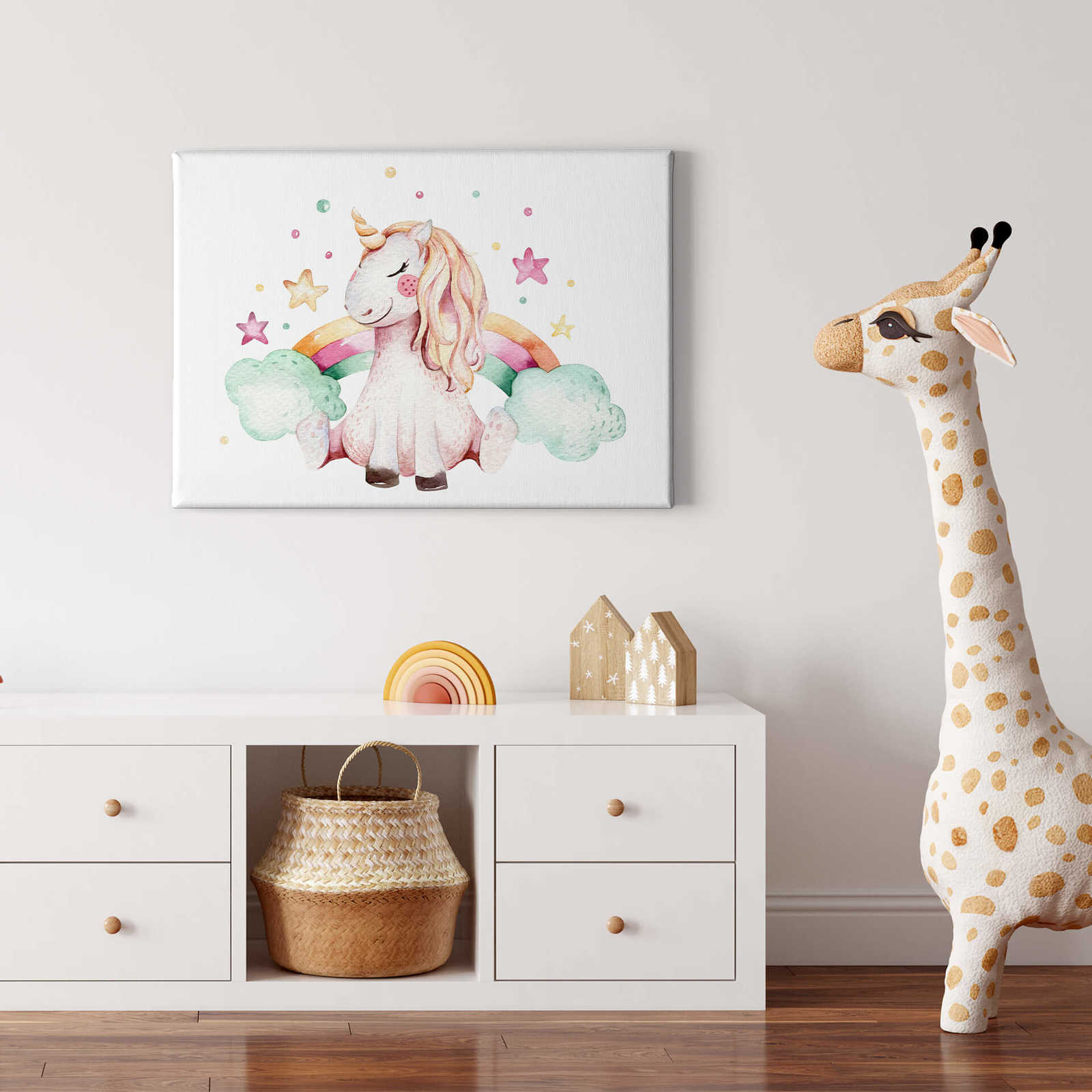 Kinder Leinwandbild Einhorn &amp; Regenbogen von Kvilis – 0,70 m x 0,50 m