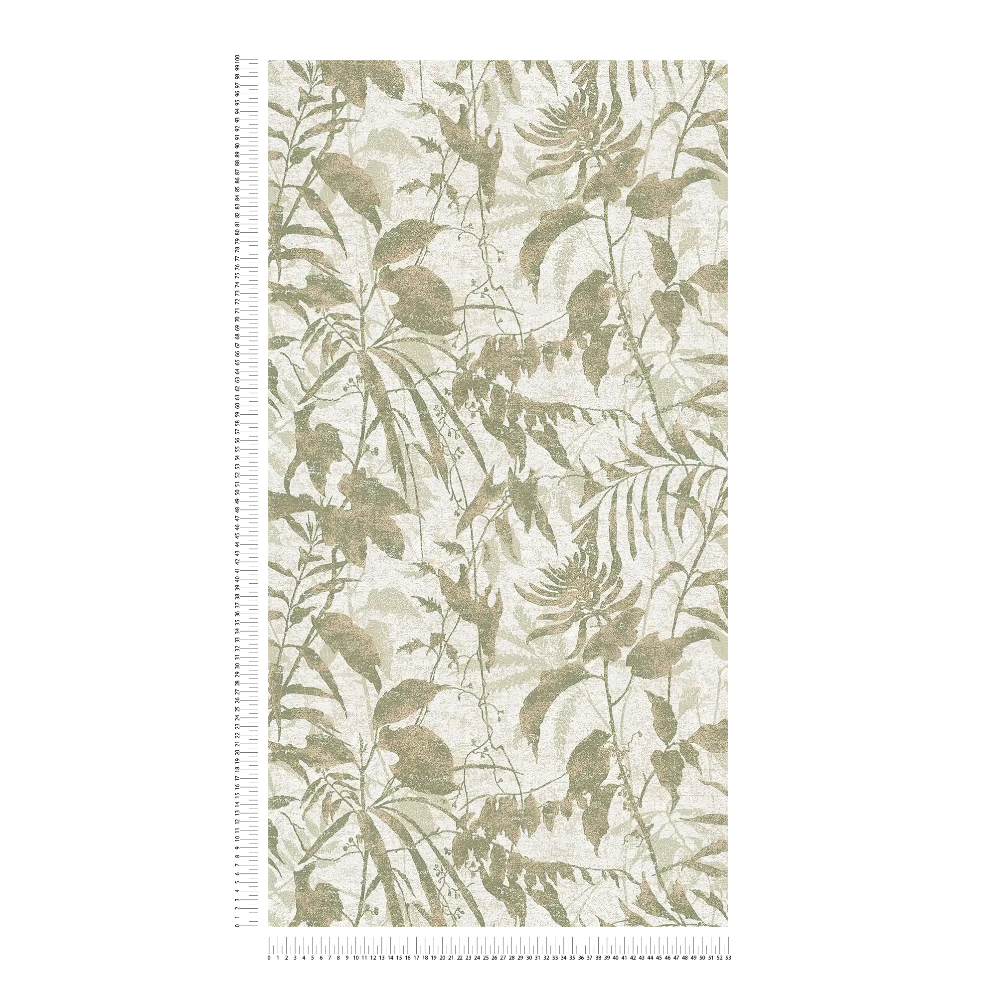 Natürliche, helle Vliestapete mit filigranem Blättermuster und feiner Oberfläche – Creme, Grün, Gold