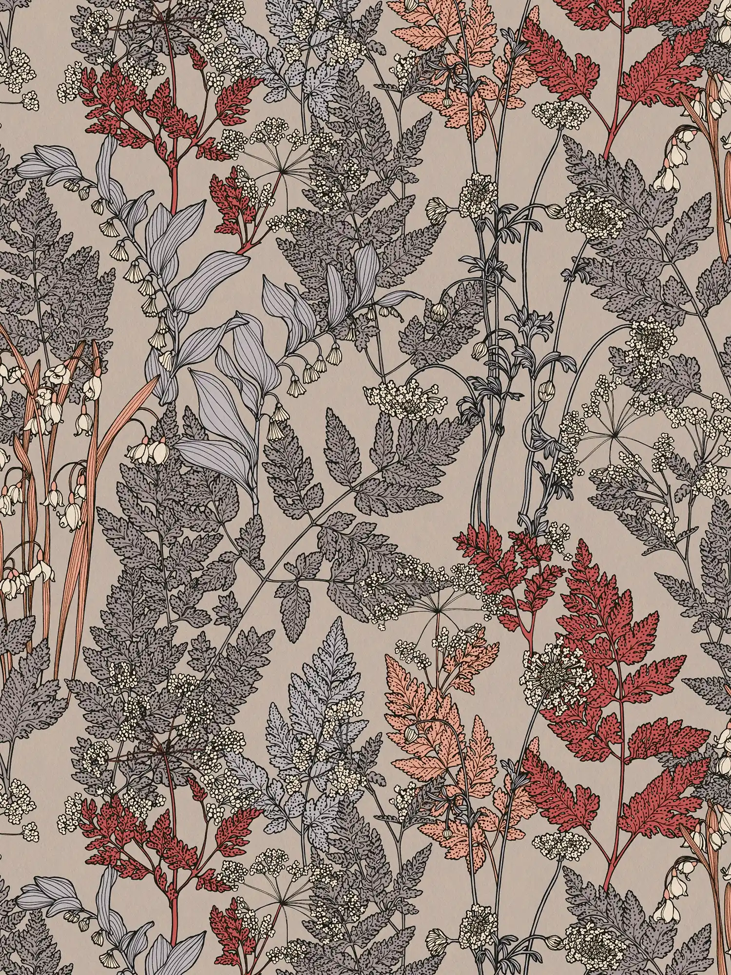 Beige Blumentapete mit Blätter & Blüten Zeichnung – Beige, Grau, Rot
