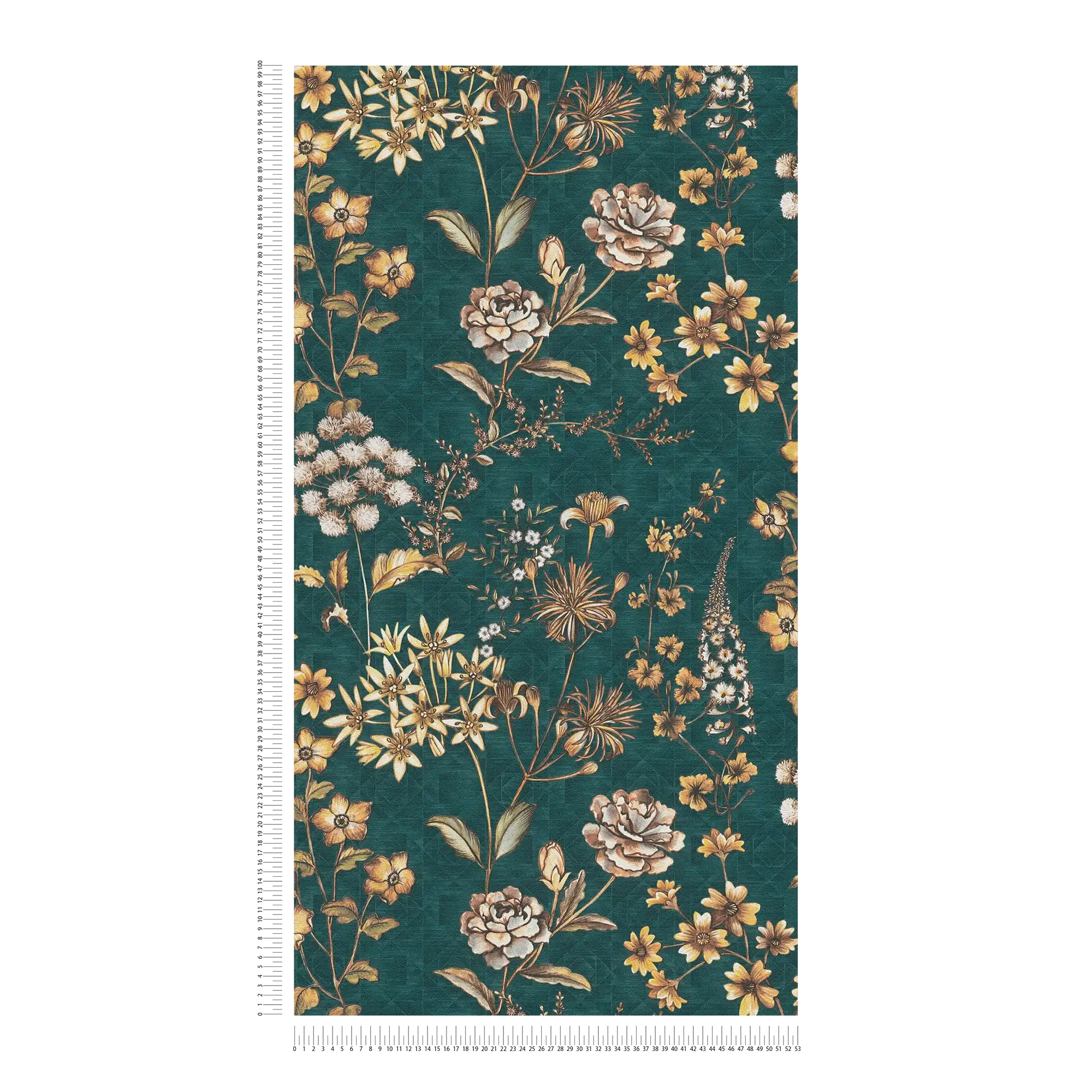 Florale Vliestapete mit Blumenmuster auf grafischen Hintergrund – Petrol, Orange, Gelb