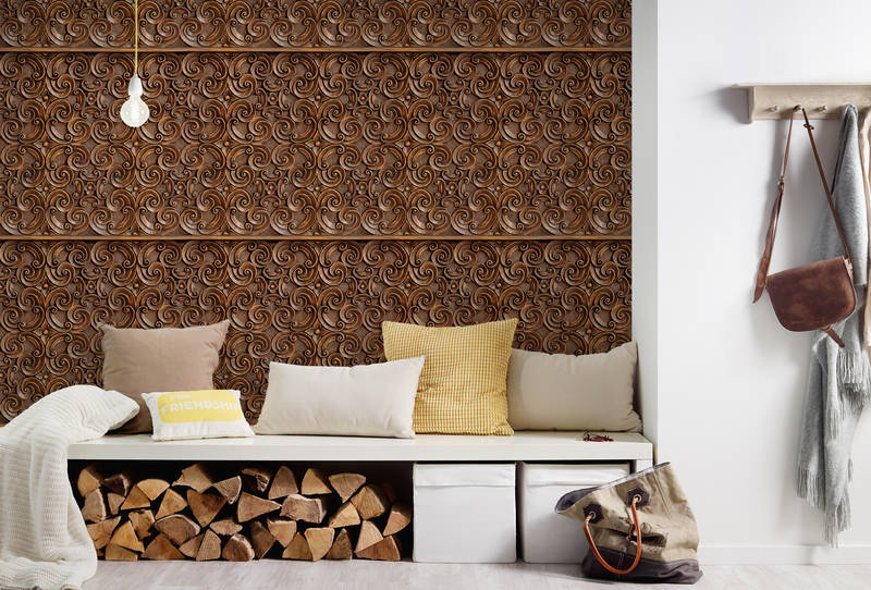 Holzstapel, Holzregal, Wandbank, Kissen, Lampe