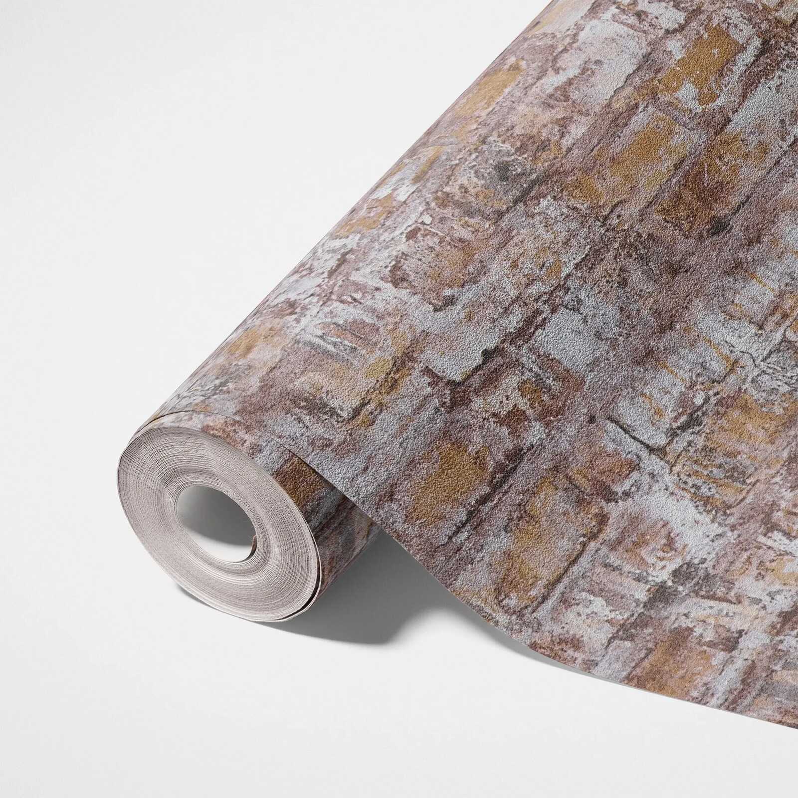             Vliesbehang in baksteenlook met muurmotief - grijs, bruin, wit, roest
        