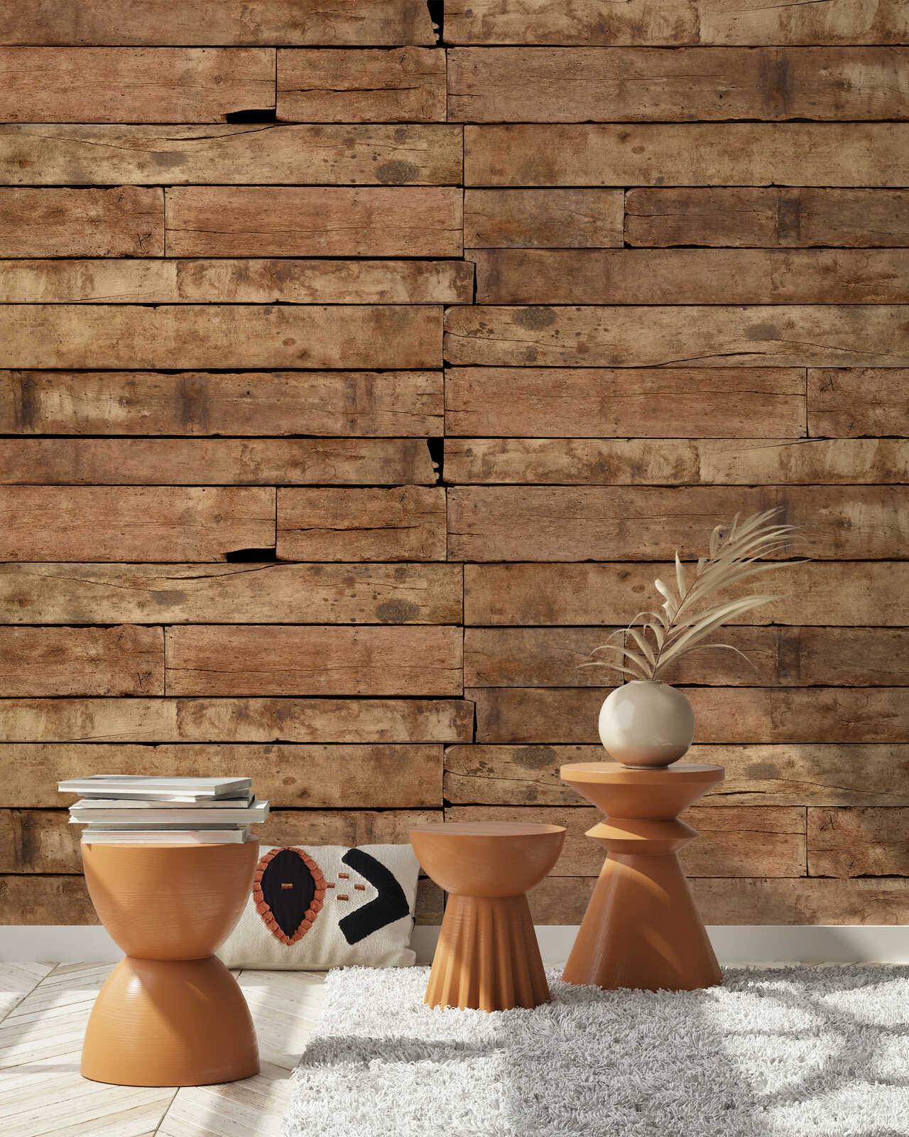 holzwand, holzoptik, interieur, beistelltisch, deko-figur