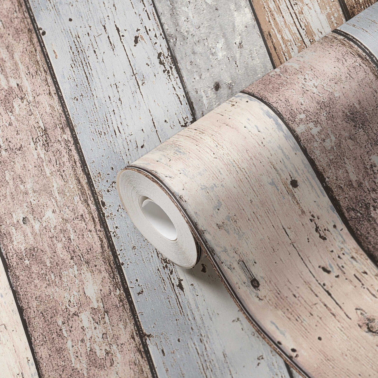             Papier peint Planches rustiques aspect bois vintage - marron, bleu, beige
        