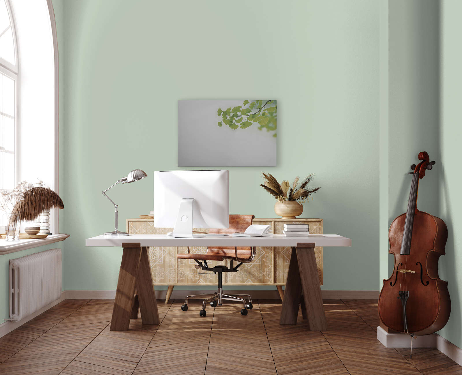             Leinwandbild mit Nachaufnahme von Ginko-Ast | grün, weiß – 0,90 m x 0,60 m
        