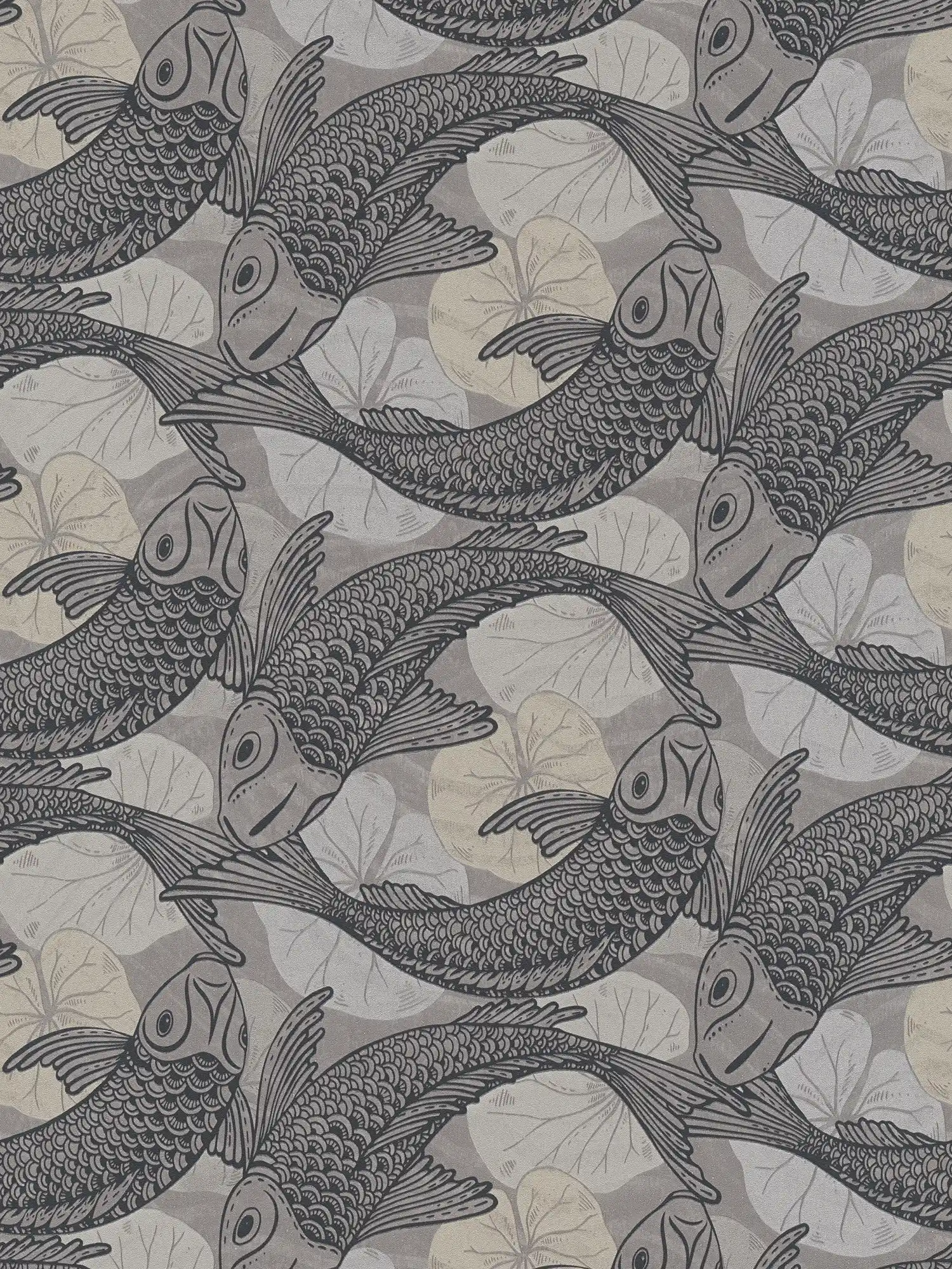         Wallpaper Asian design with koi motif & metallic effect - beige, grey, black
    