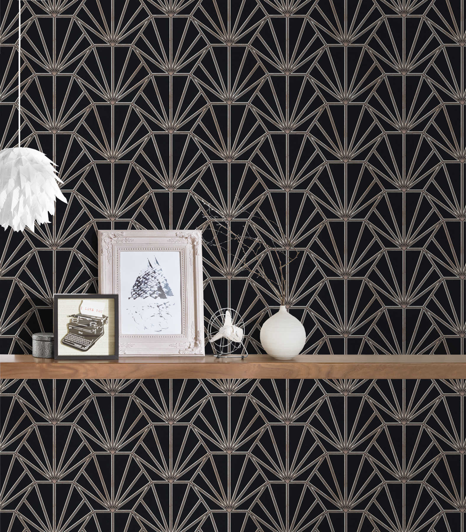             Tapete Art Déco Stil Retro Look & Linien Design – Schwarz, Bronze, Weiß
        