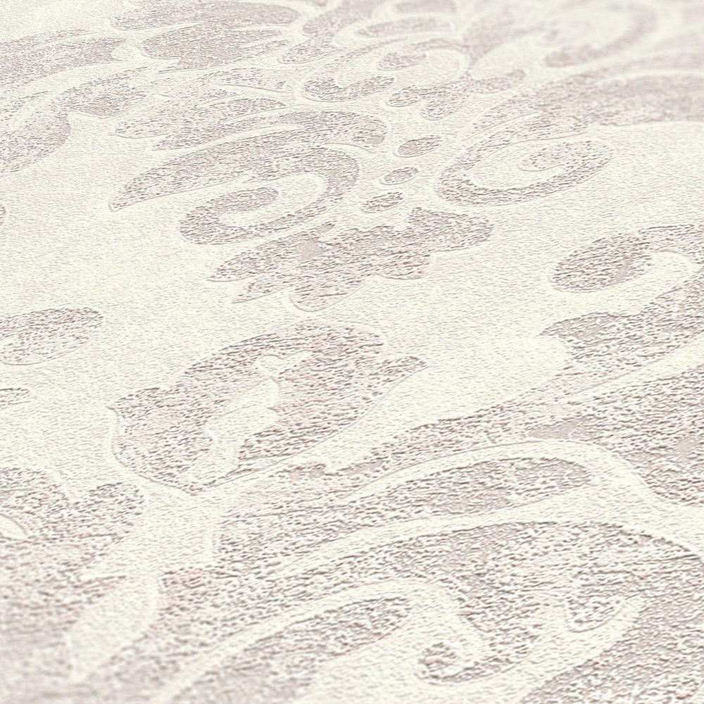             Baroque wallpaper ornaments in used look - white, grey, pink
        