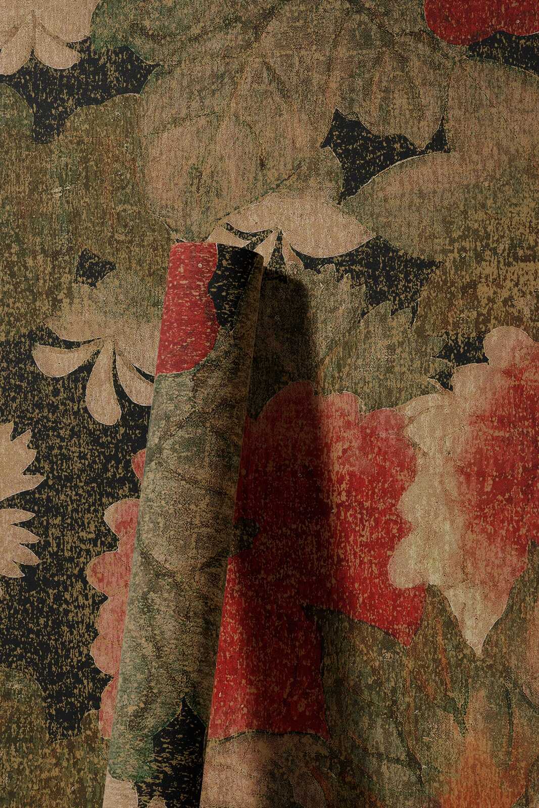             Vliestapete mit großflächigen floralen Muster – Beige, Rot, Grün
        