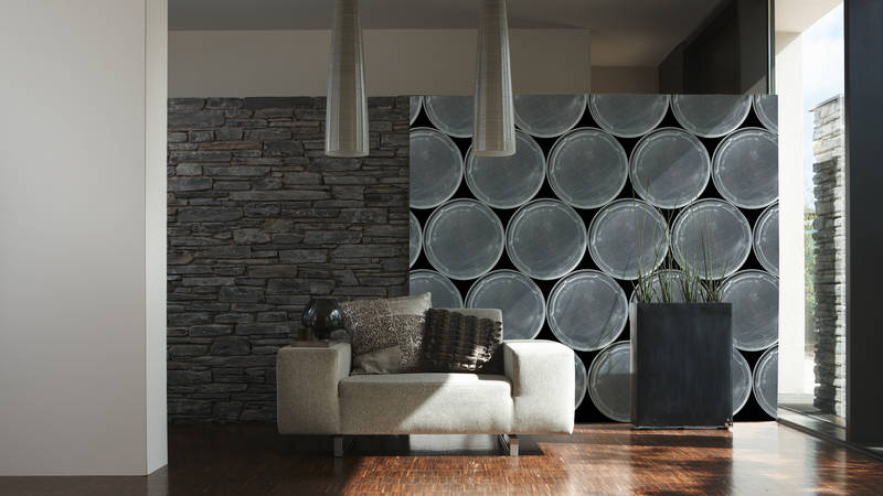 sofa, wohnzimmer, steinewand, steinverkleidung, pflanzenbehälter