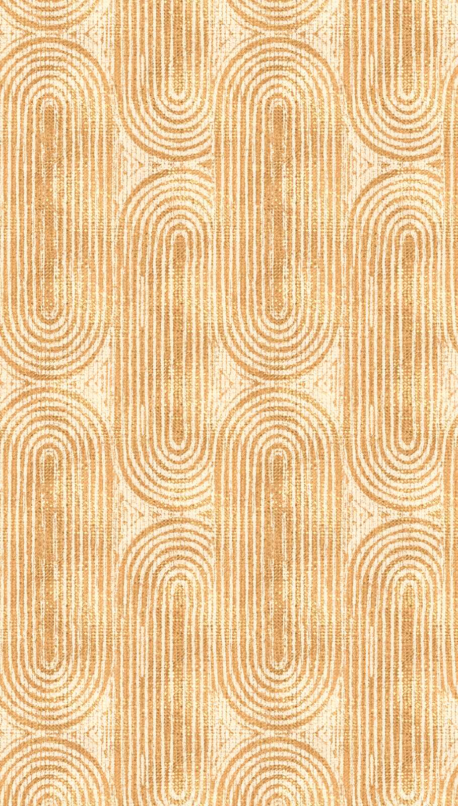             Retro 70er Jahre Vliestapete mit geometrischem Muster und einer großflächigen Musterwiederholung – Orange, Beige
        