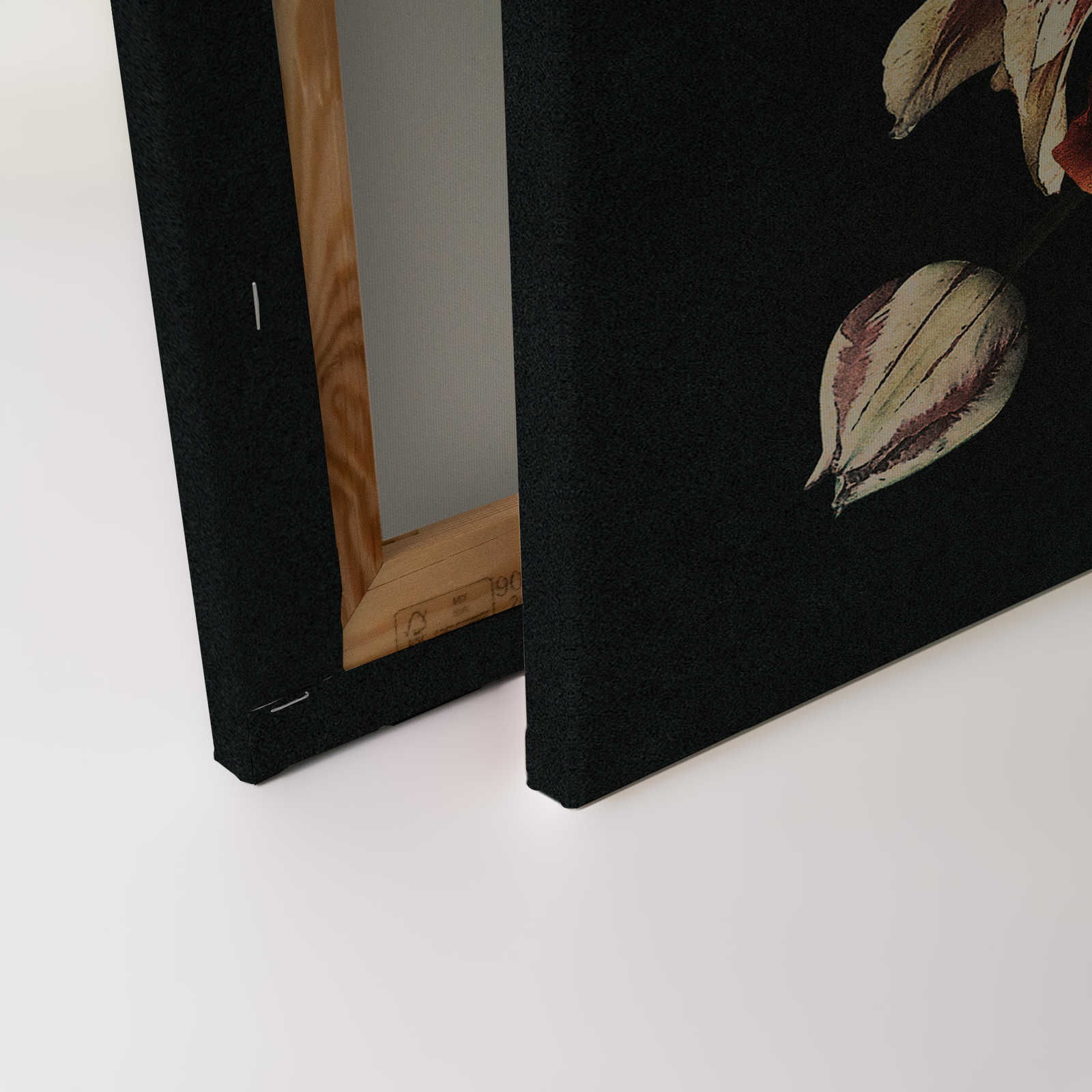             Drama queen 1 - Blumenstrauß Leinwandbild mit dunklem Hintergrund in Pappe Struktur – 0,90 m x 0,60 m
        