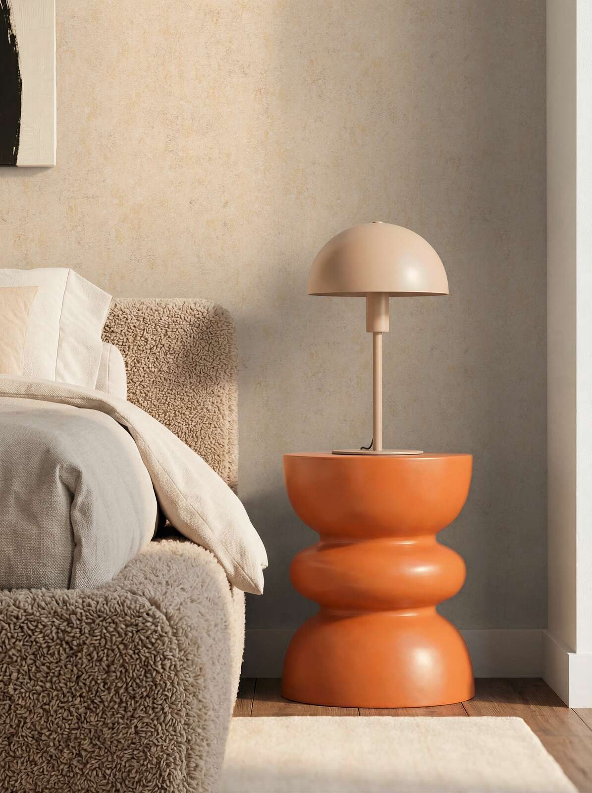 Nachttischlampe, Tischlampe, Kunststofflampe, orange Farbton, moderne Einrichtung