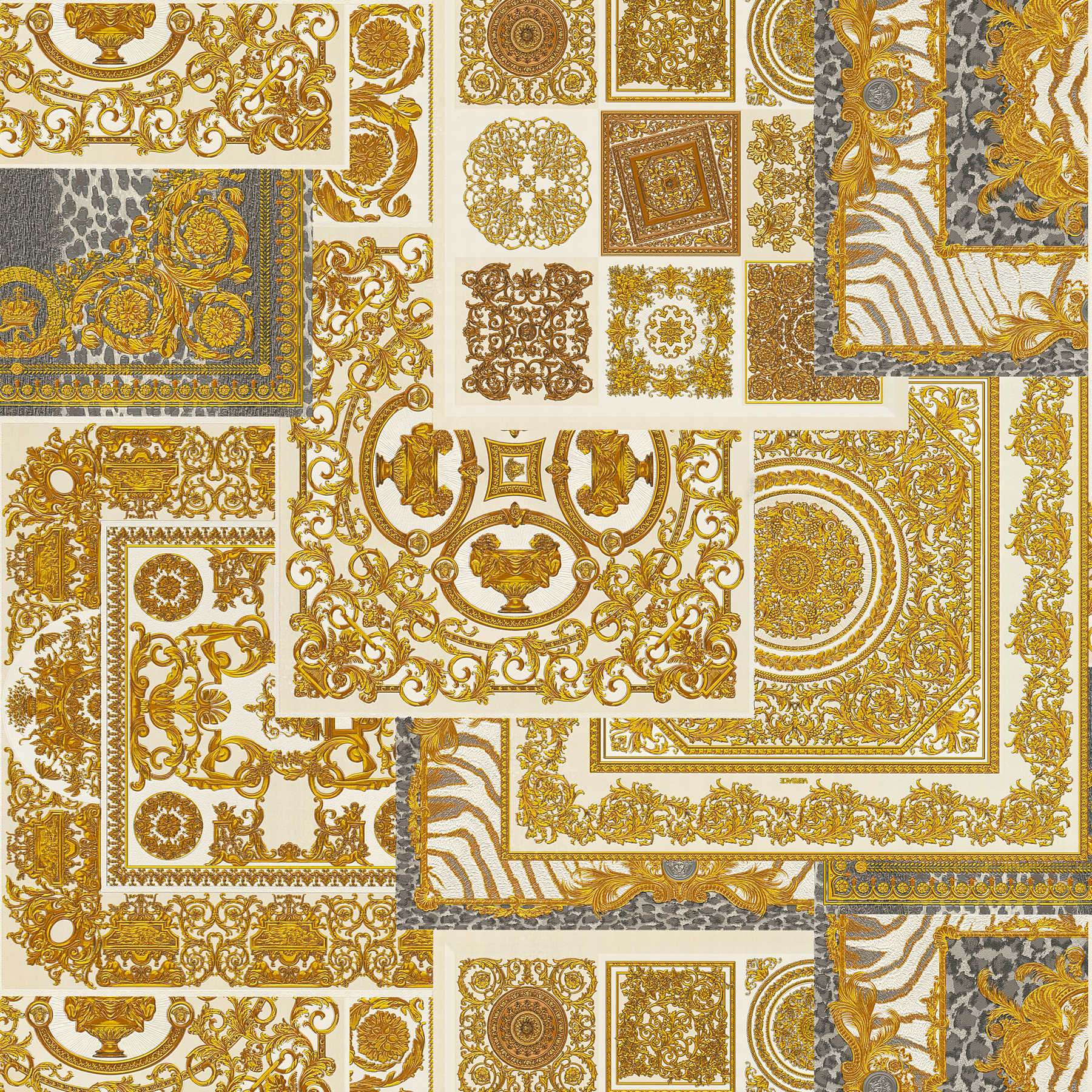             VERSACE Home Tapete Barock-Details & Animal Print – Gold, Silber, Creme
        