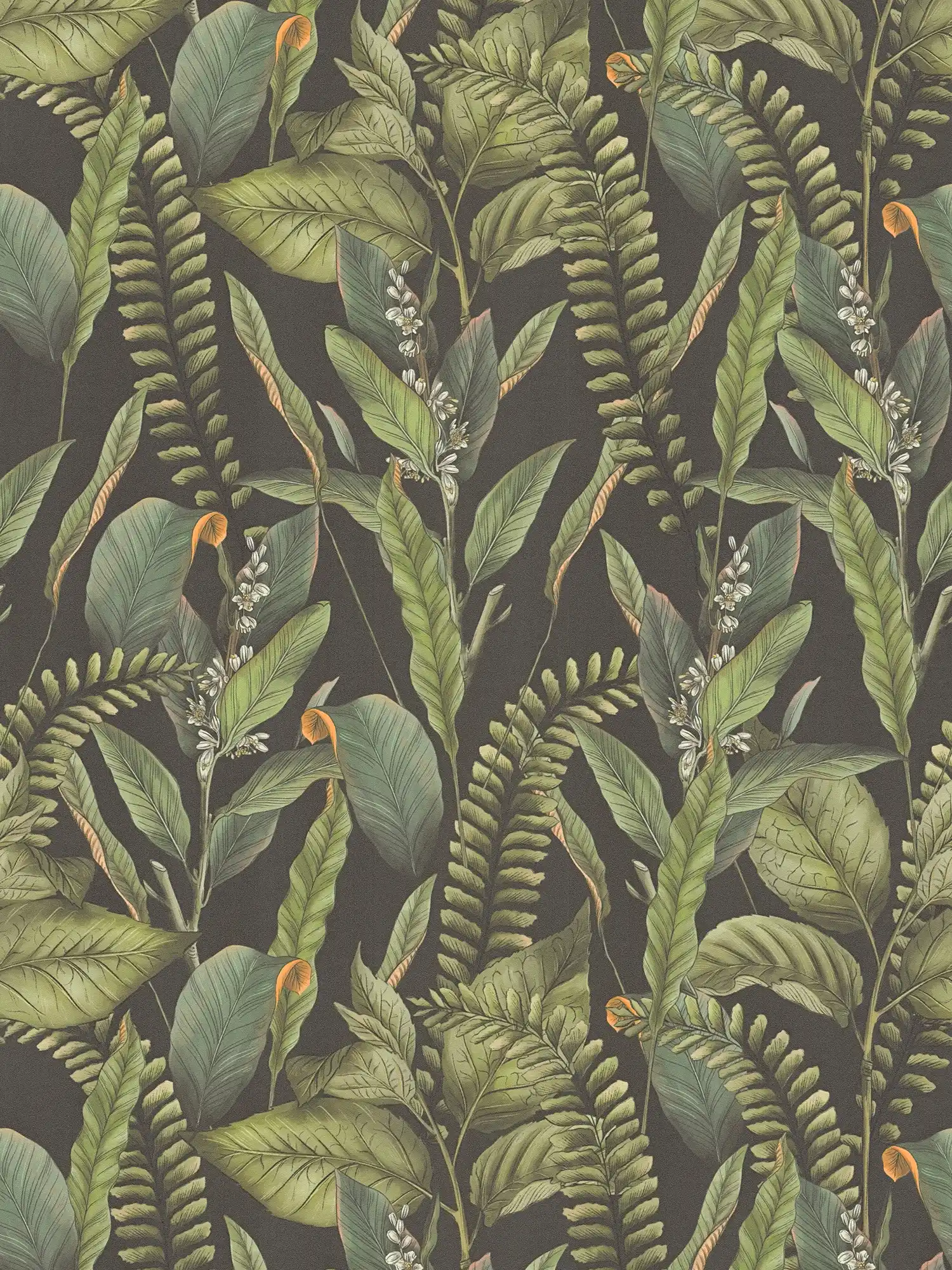 Floral style jungle wallpaper with leaves &amp; flowers textured matt - black, green, orange