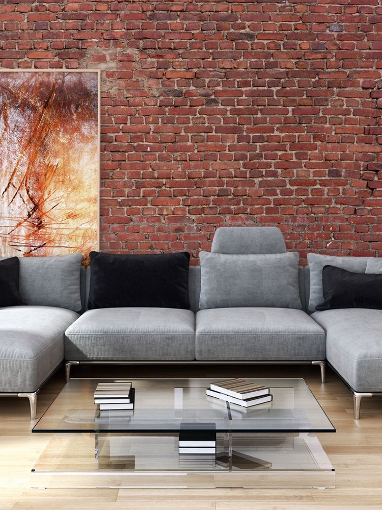Rote Backsteinmauer Fototapete im Wohnzimmer mit Couch DD108765