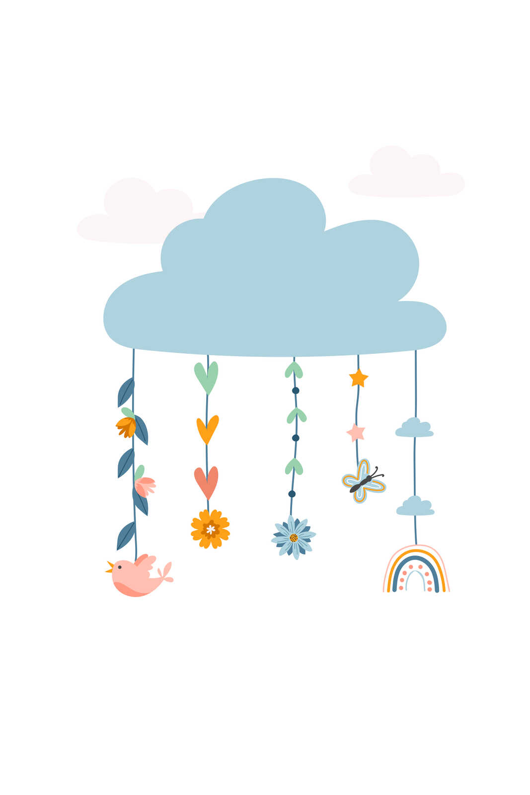 Himmlische Tropfen - Wolken Leinwandbild für das Kinderzimmer – 30 x 45 cm - Weiss, Bunt