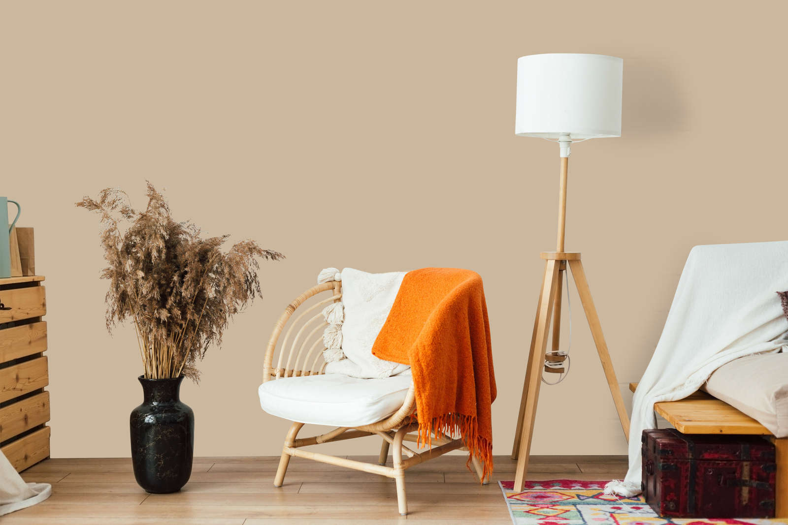 sofa, lamp, orange_blanket, rattan_chair, interior_decor